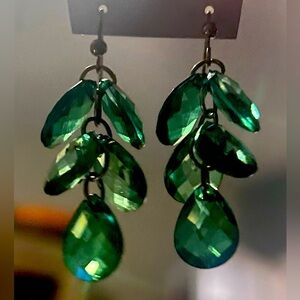Green beaded hanging hook earrings for pierced ears 3” long